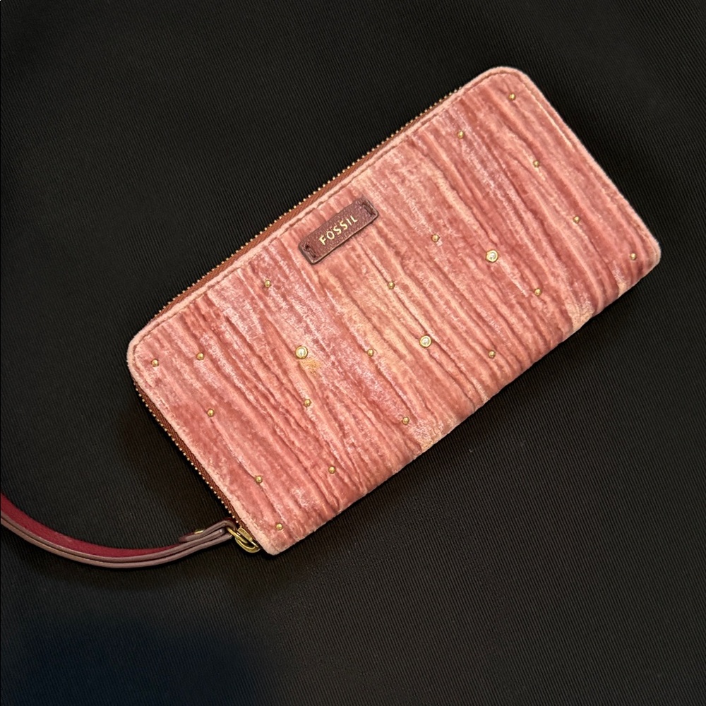 Fossil Blush Pink Velvet Zip-Around Wristlet Wallet